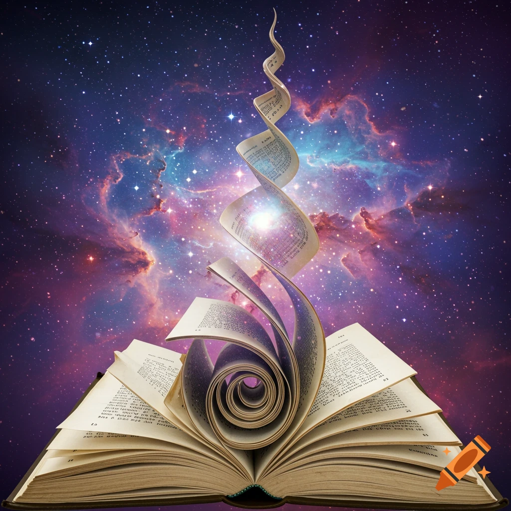 An open book with pages spiraling upwards into a starry galaxy and nebula.
