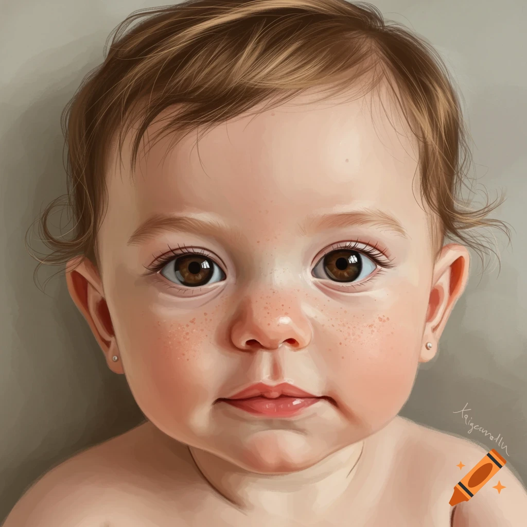 Close-up of a baby's face with brown eyes, light brown wavy hair, and freckles.