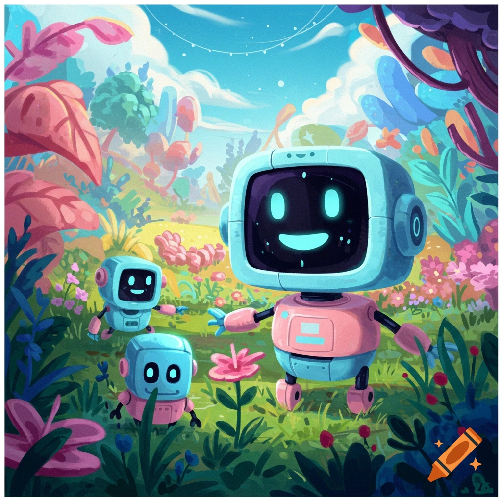 Three cute robots in a colorful fantasy landscape, illustration.