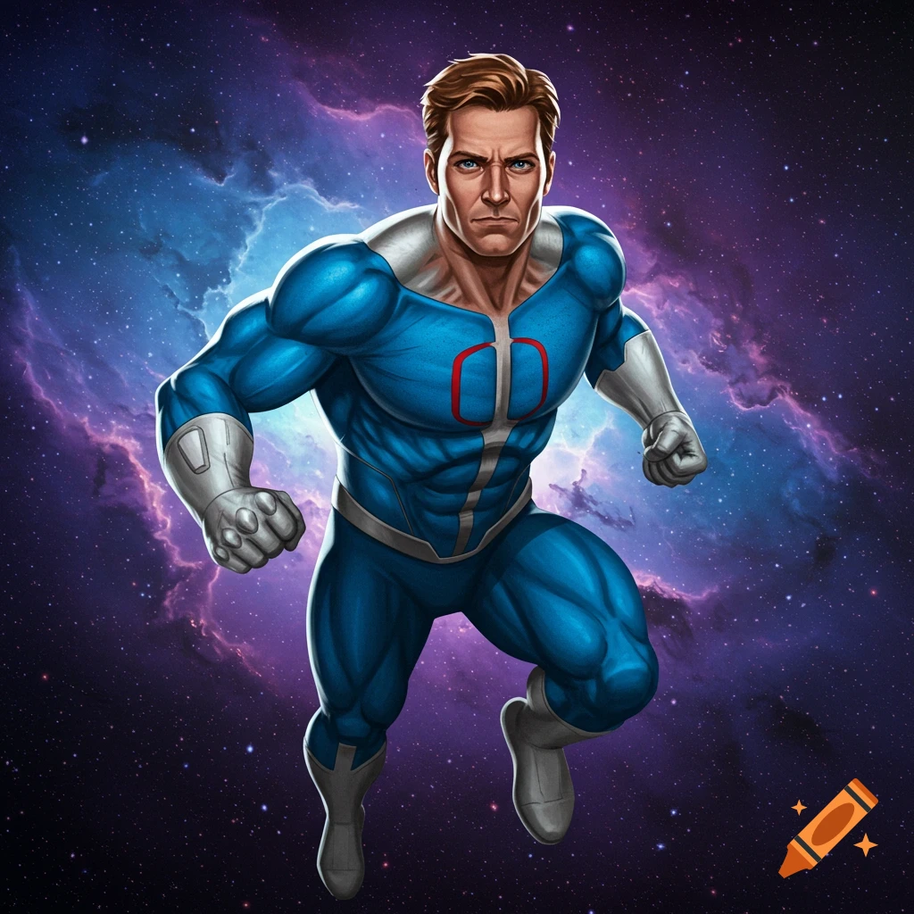 Illustration of a male superhero in blue and silver suit flying through space.
