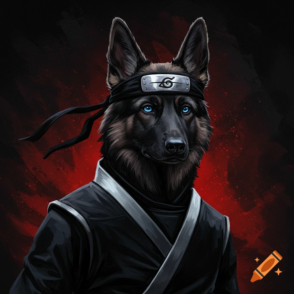 Illustration of a German Shepherd dog in a black ninja outfit and headband with a symbol, against a red background.