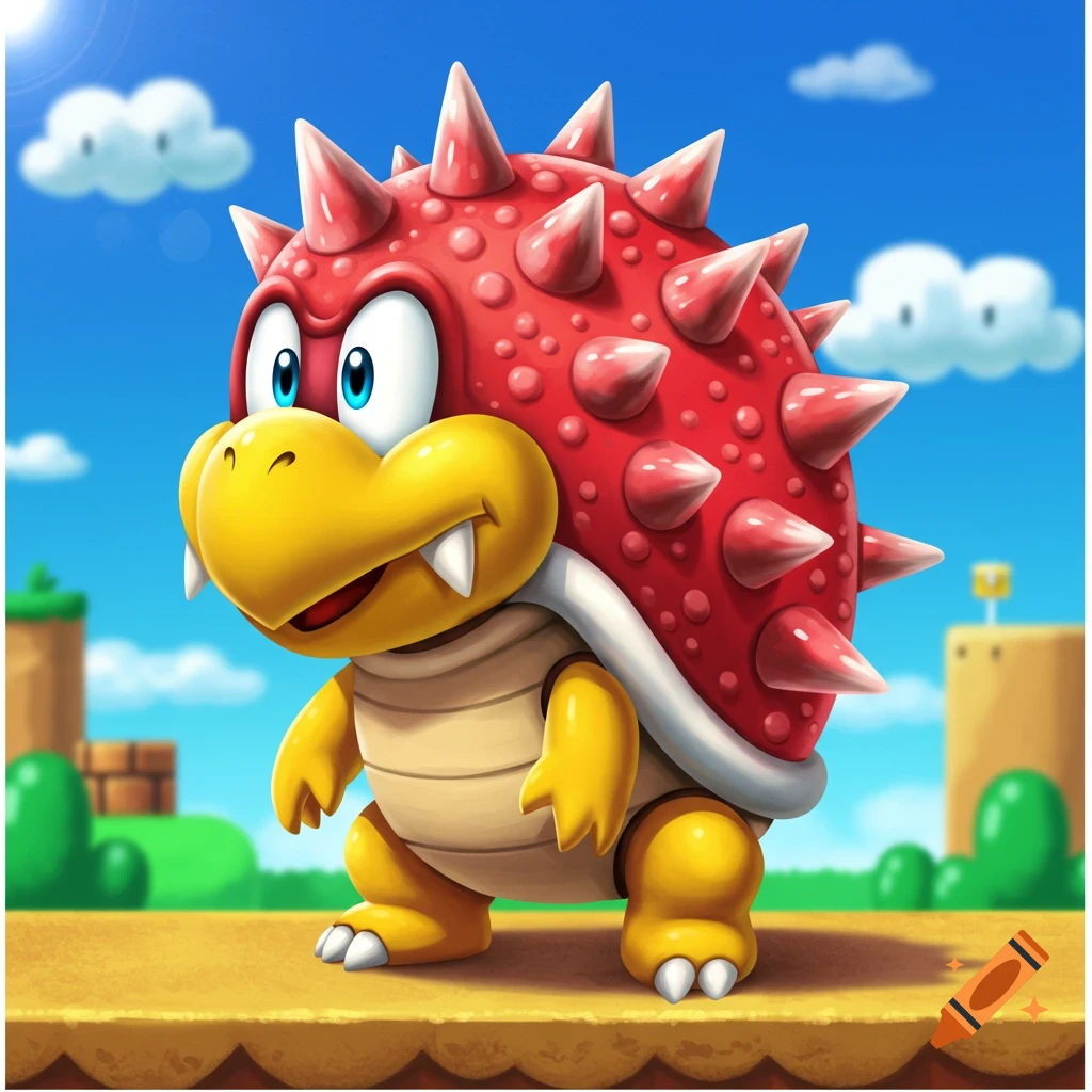 A cartoon red and yellow spiked turtle character in a Super Mario Bros. landscape.