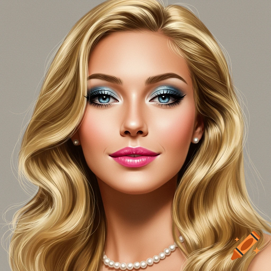 Close-up portrait of woman with blonde hair, blue eyeshadow, pink lipstick, and pearl necklace.