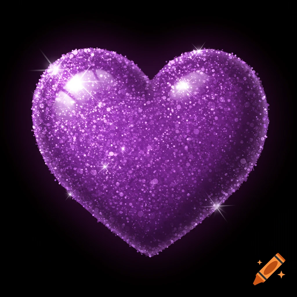 A sparkly purple heart on a black background.