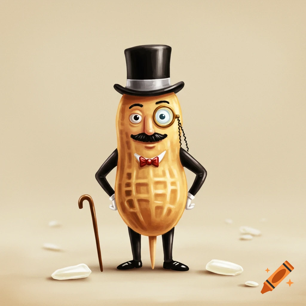 Cartoon illustration of Mr. Peanut wearing a top hat and monocle.