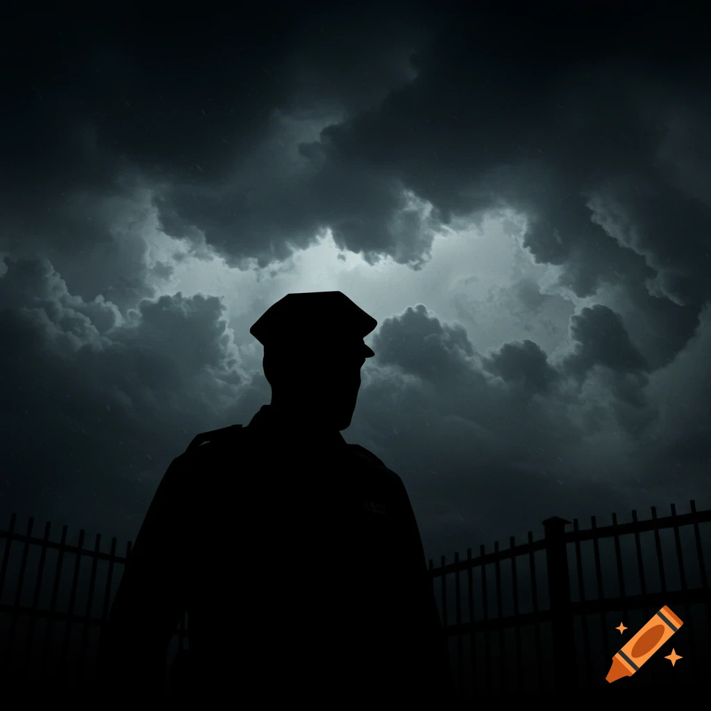 Silhouette of a figure in a hat standing by a fence against a stormy sky.