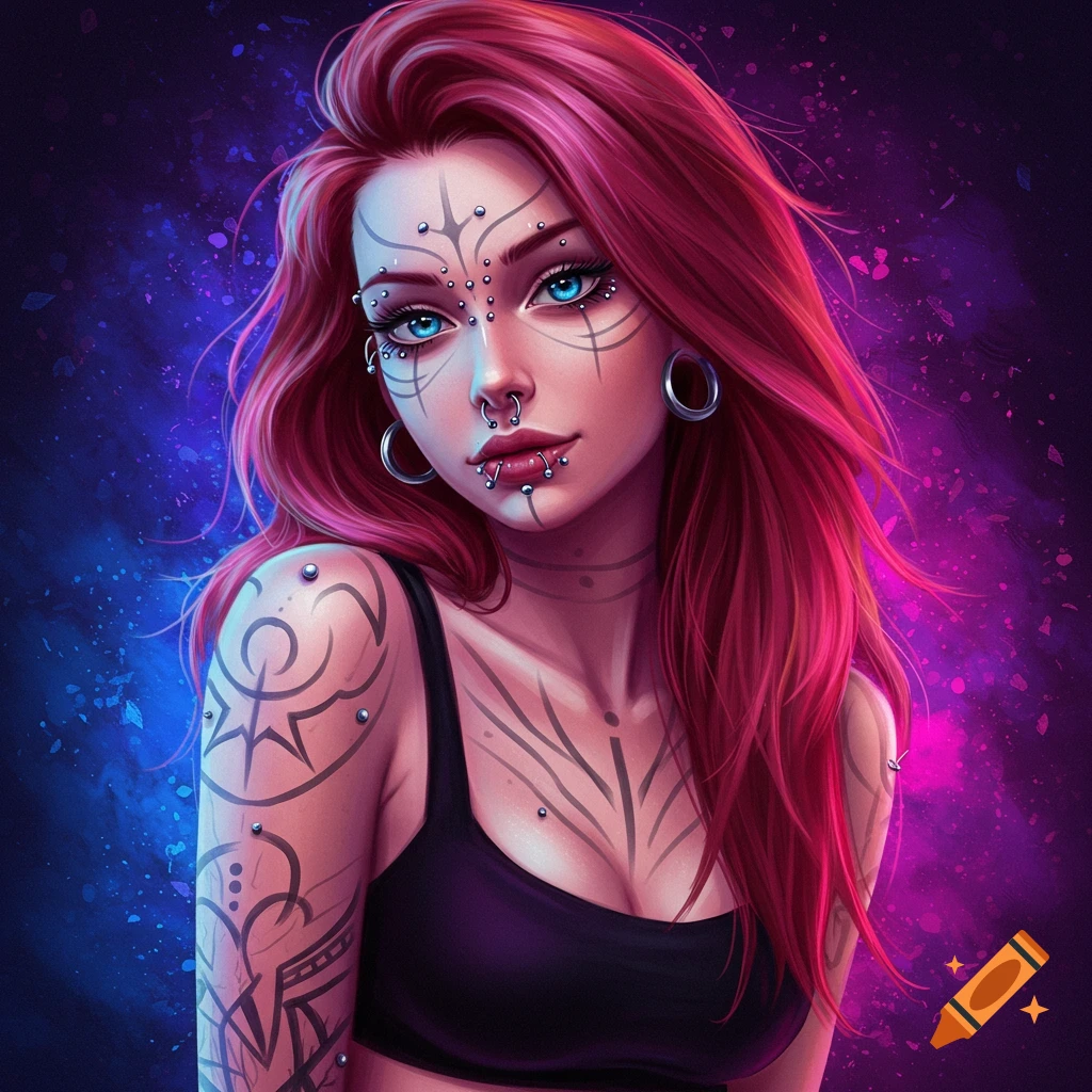 A woman with vibrant red hair, blue eyes, facial and body piercings, and tribal tattoos stands against a colorful background.