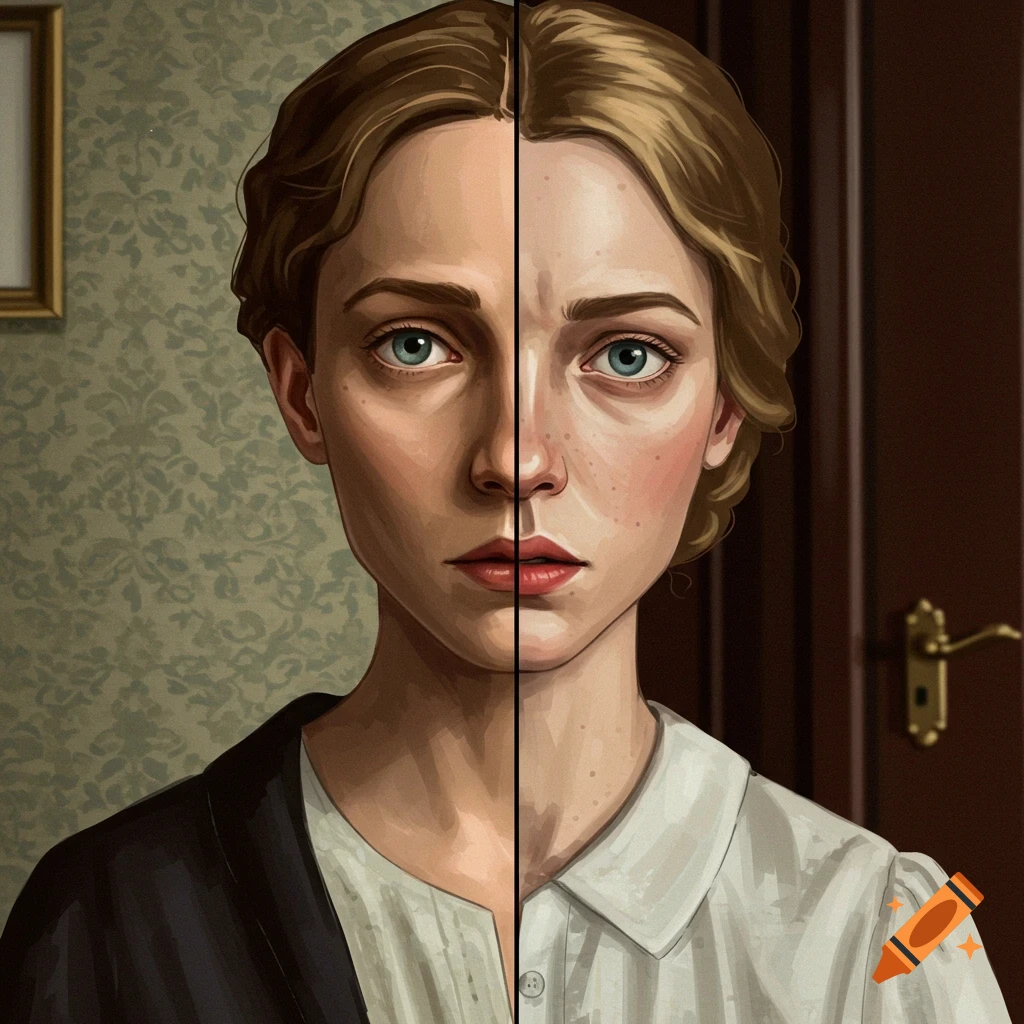 Illustrative split portrait of a woman's face.
