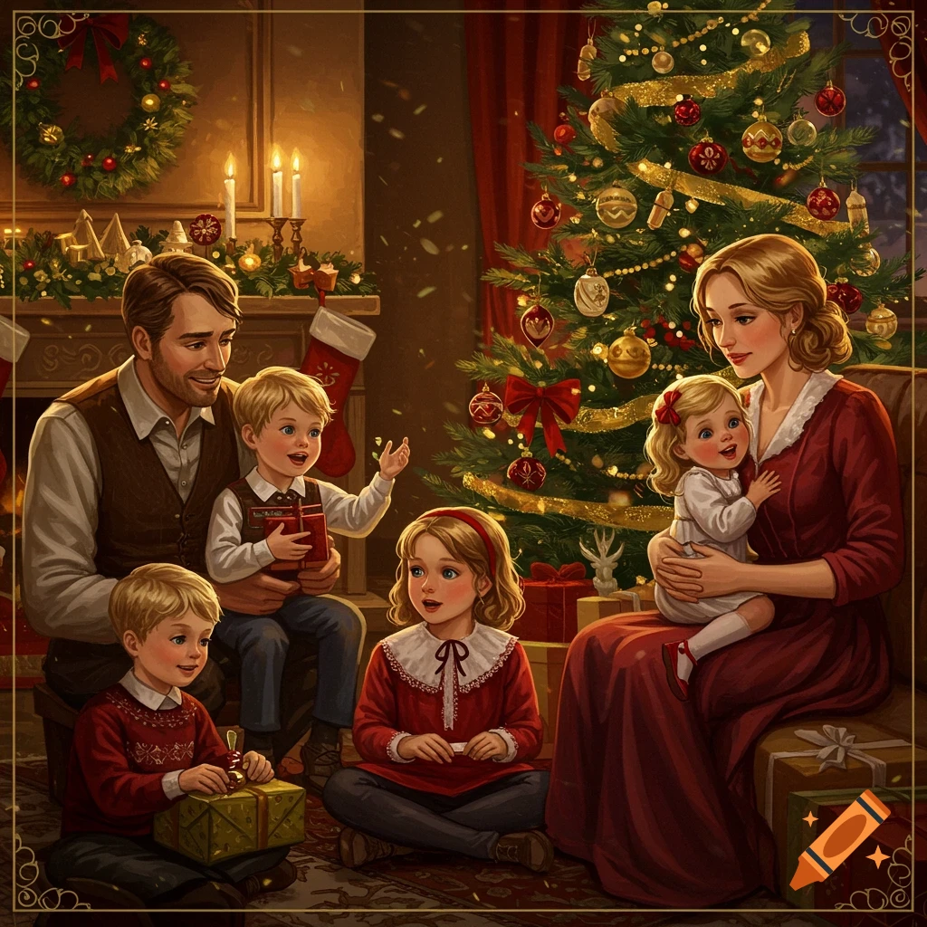 A family gathers by a Christmas tree and fireplace with presents in a fine art style.