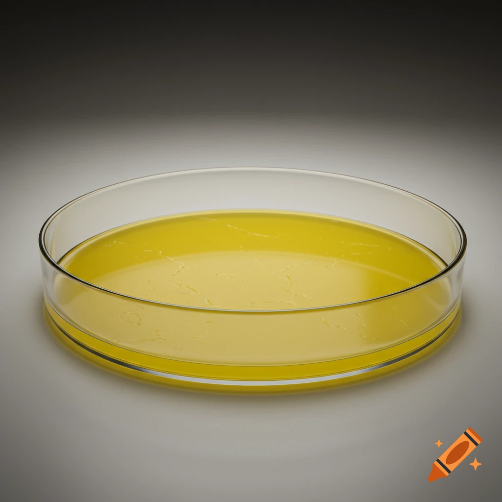 Close-up view of a petri dish filled with yellow liquid.
