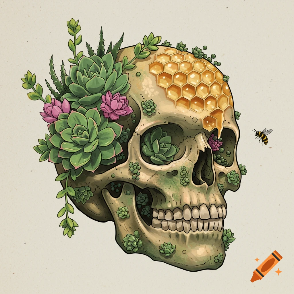 Illustration of a skull covered in succulents and honeycomb with a bee flying nearby.
