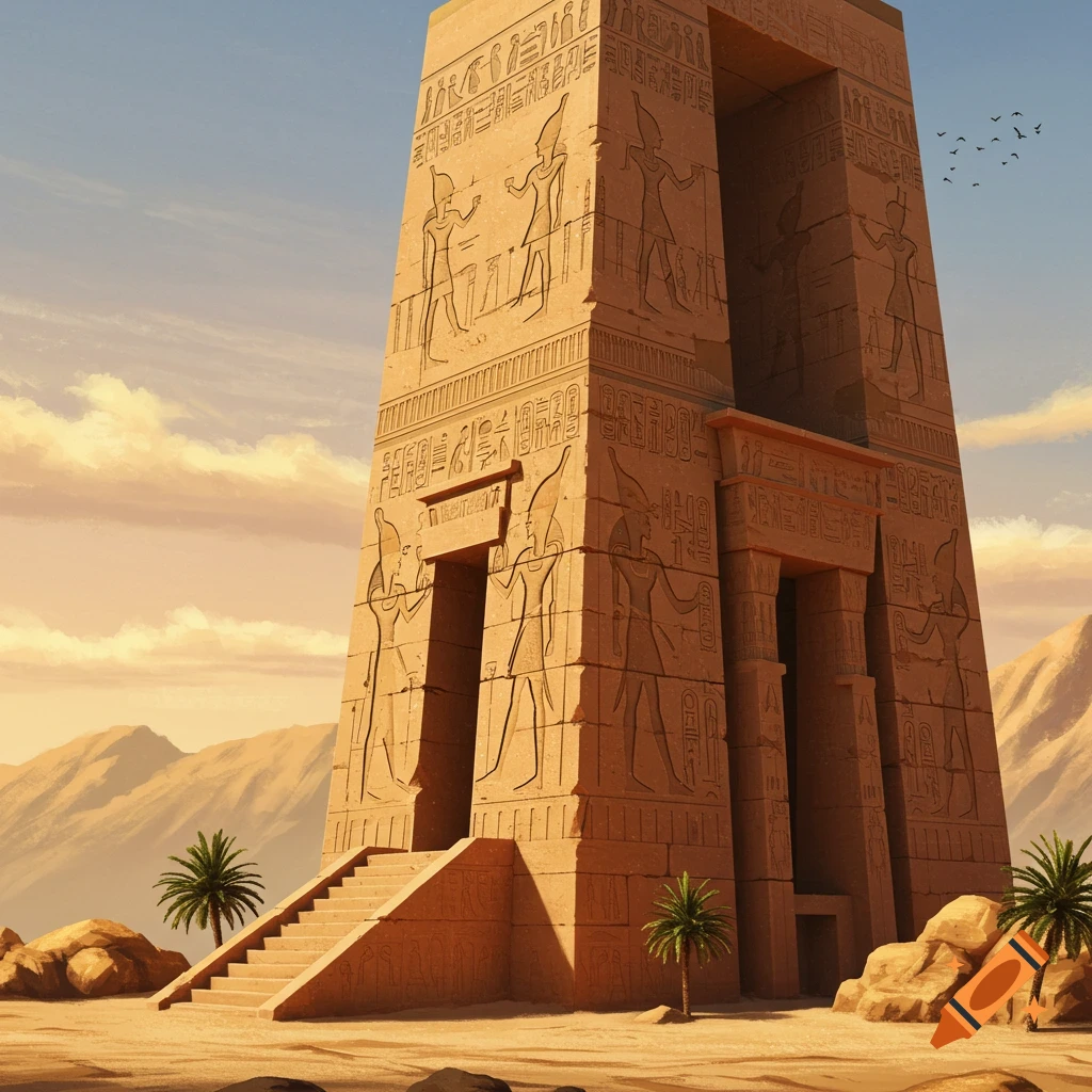 Ancient Egyptian-style monument with carvings in a desert landscape.