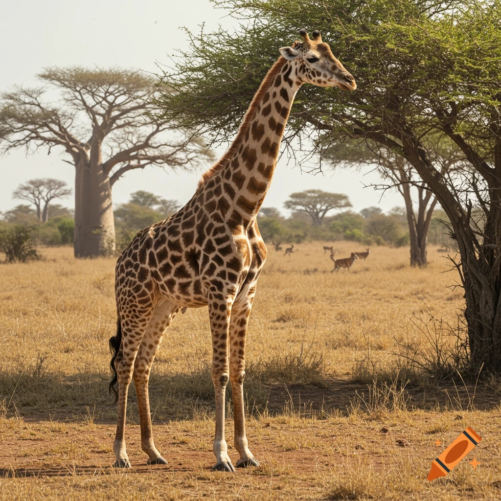 A giraffe stands in a dry savanna with trees and other animals in the background. Photorealistic.