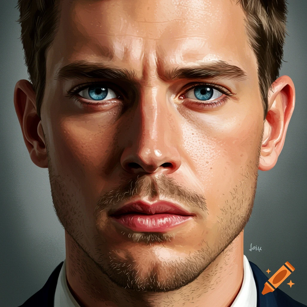 Close-up of a man with blue eyes and stubble, wearing a suit.
