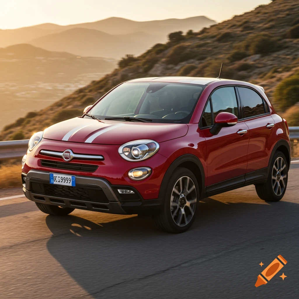 A red Fiat 500x with white racing stripes drives on a road with mountains in the background at sunset.