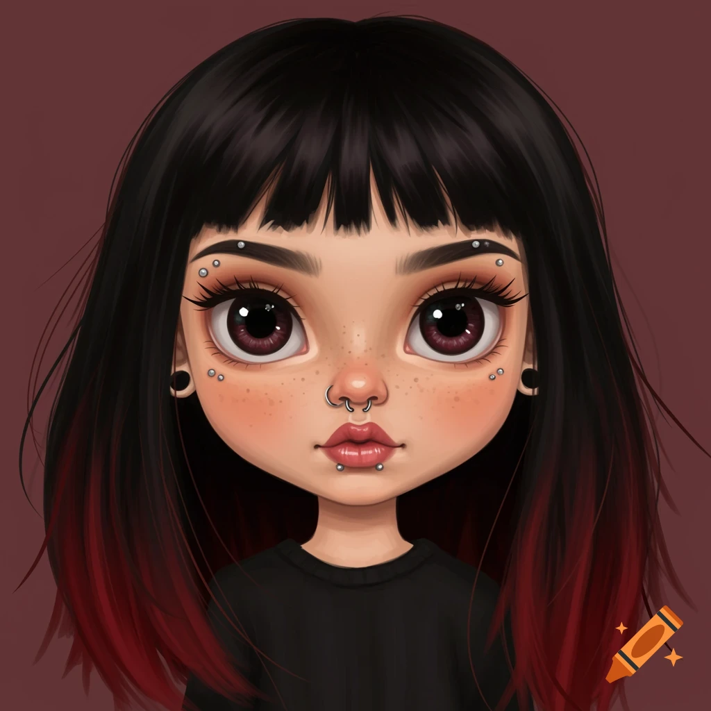 Stylized portrait of a character with dark hair, red tips, freckles, and facial piercings.