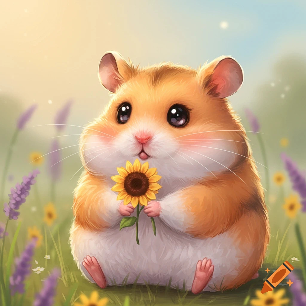 Cute illustrated hamster sitting in a field, holding a sunflower.