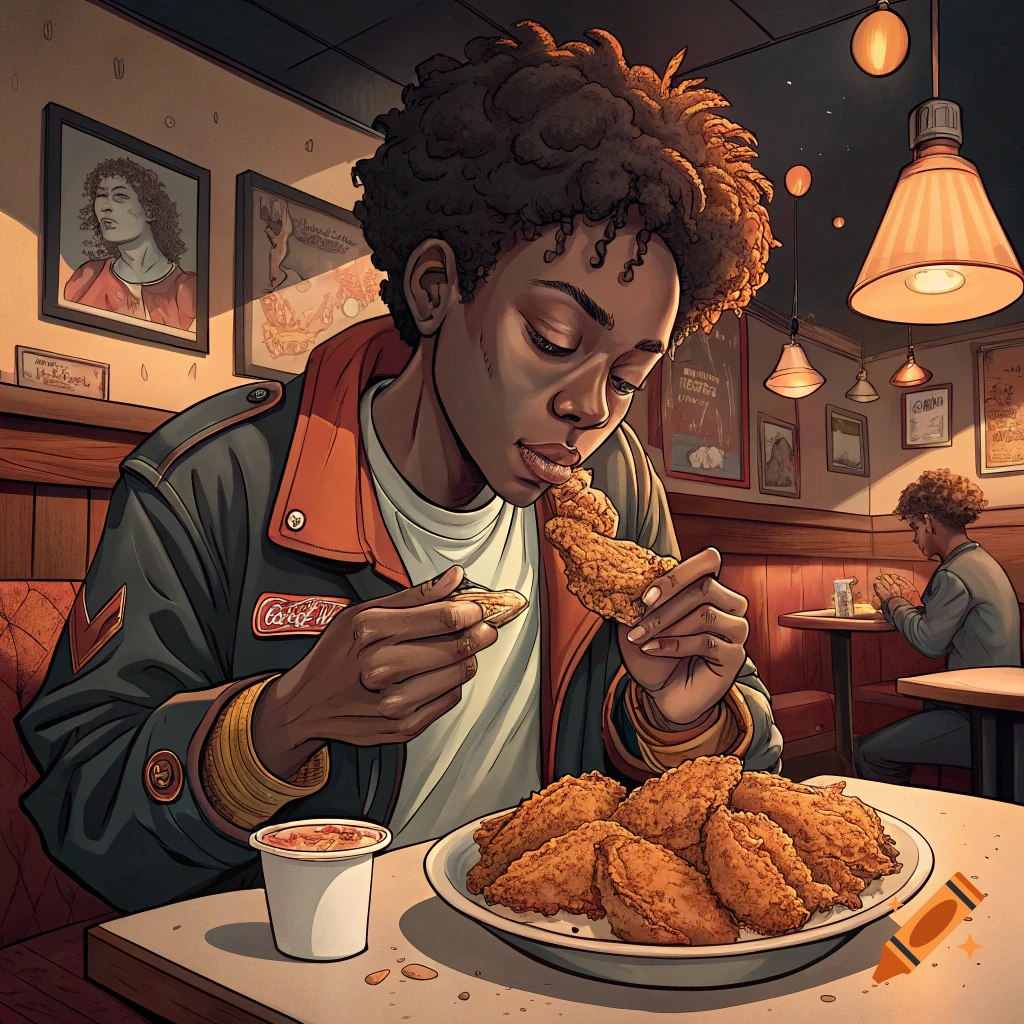 Person eating fried chicken at a restaurant table in comic book style.