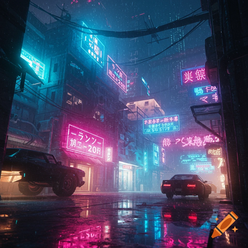 Rainy cyberpunk city street at night with neon signs and cars.
