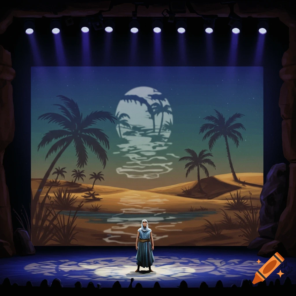 Illustration of a person on a stage with spotlights, against a backdrop showing a desert oasis at night.