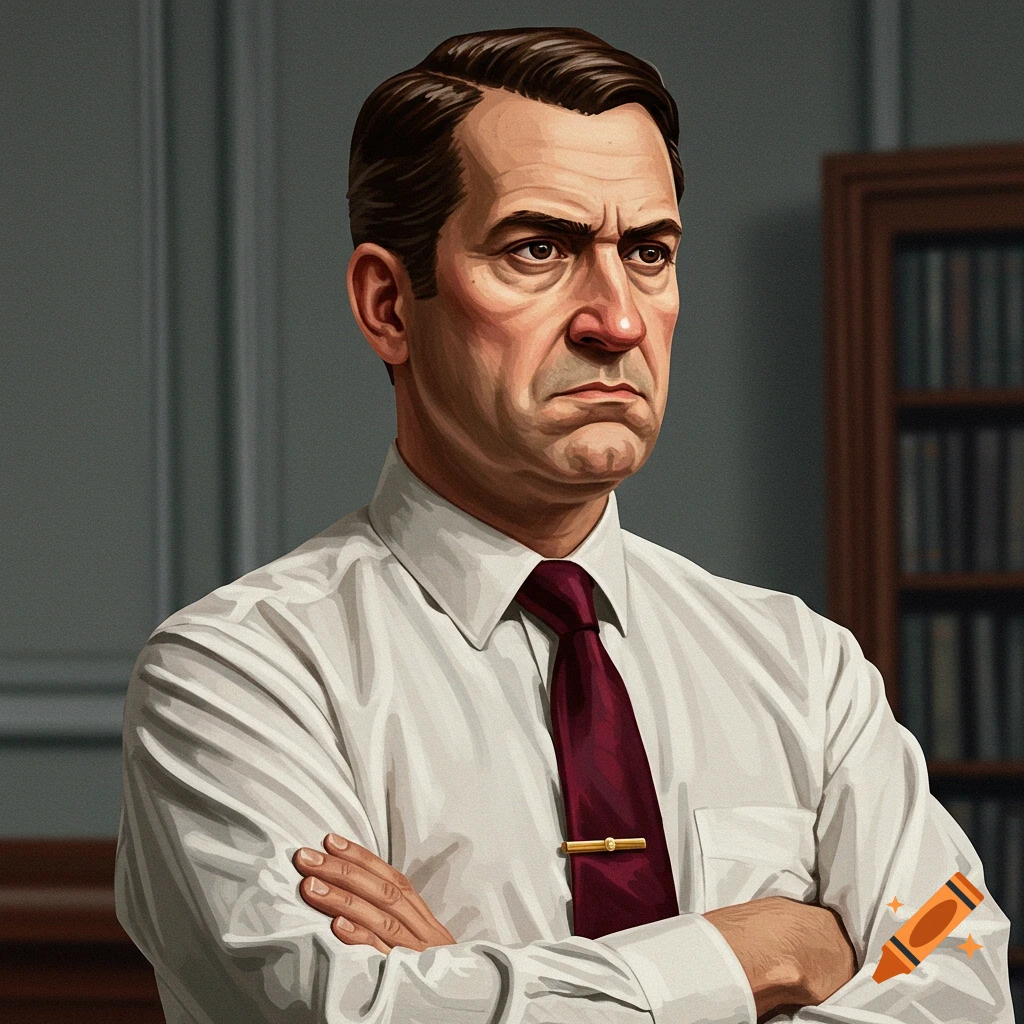 Illustration of a man in a white shirt and red tie with a stern expression.