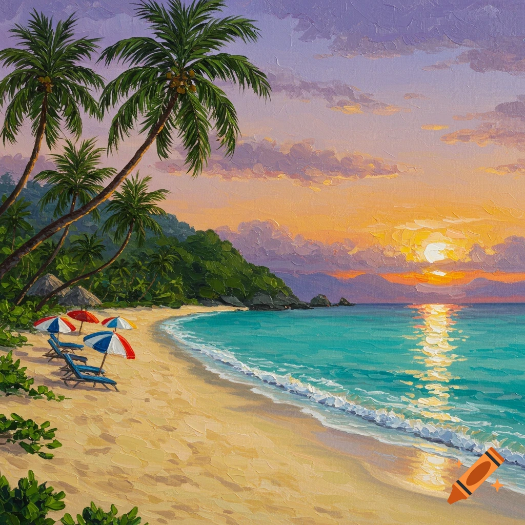 Painting of a tropical beach at sunset with palm trees, lounge chairs, and umbrellas