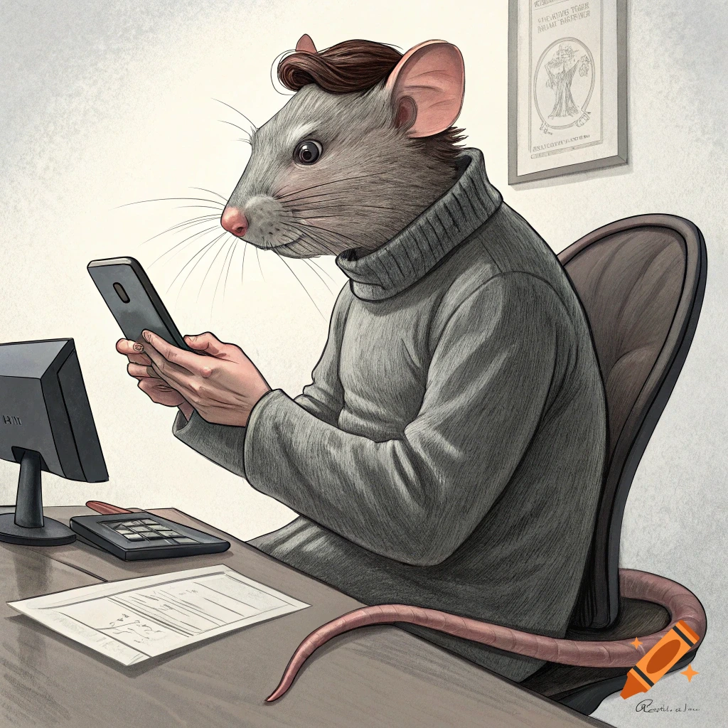 Illustration of a rat in a turtleneck sweater sitting at an office desk using a smartphone.