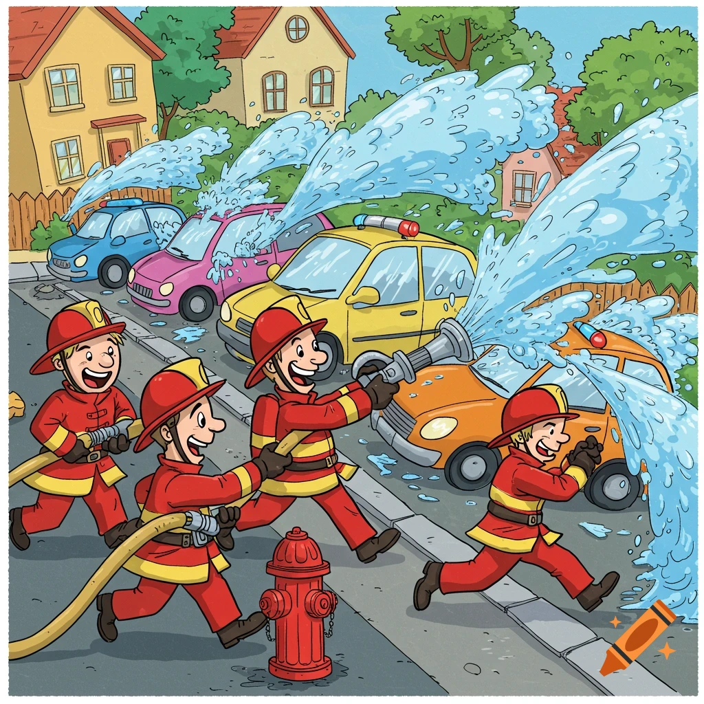 Cartoon firefighters spray water on cars parked near a fire hydrant.