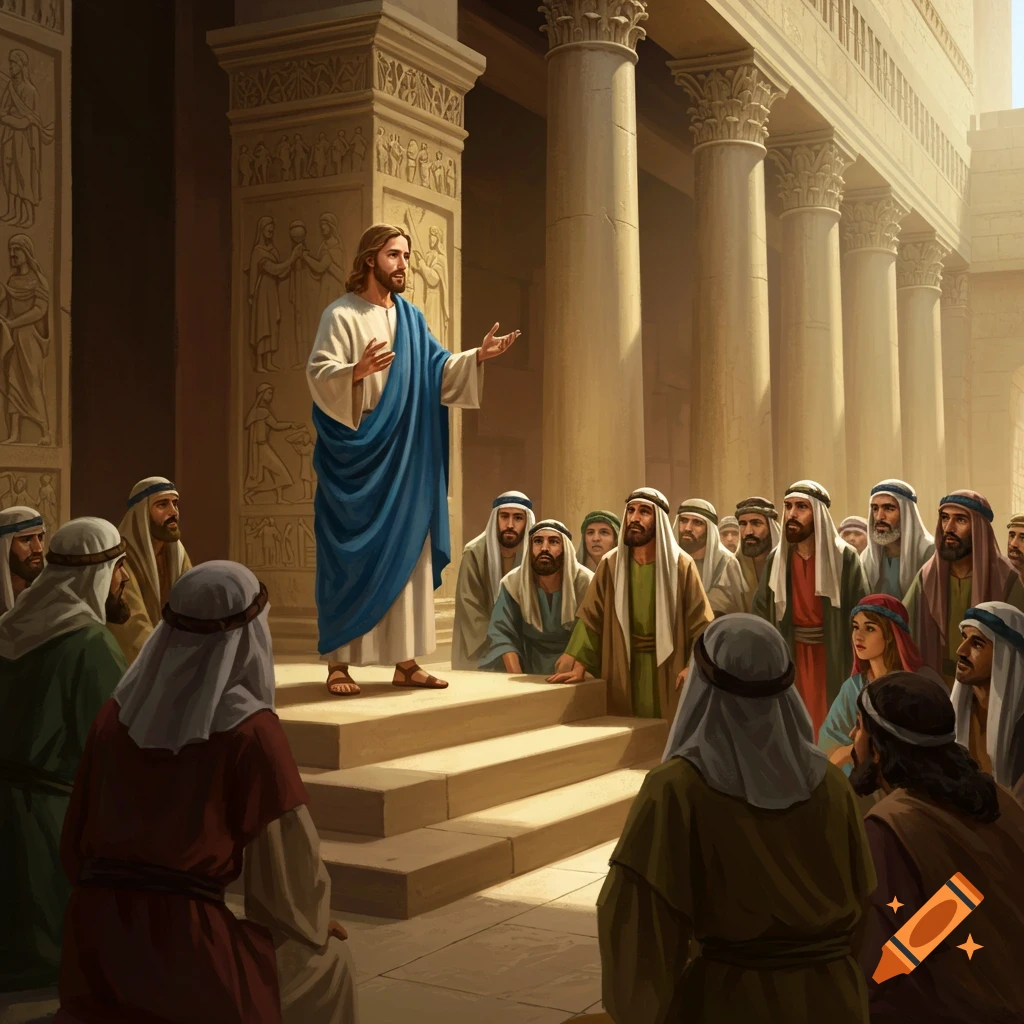 Jesus speaks to a crowd in a temple, digital illustration.