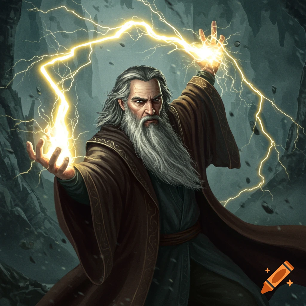 A powerful wizard with a long beard casts bright yellow lightning from his hands in a dark cave.