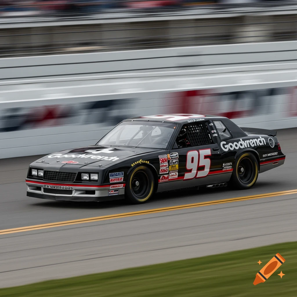 A black and silver #95 Monte Carlo racecar speeds on a track.