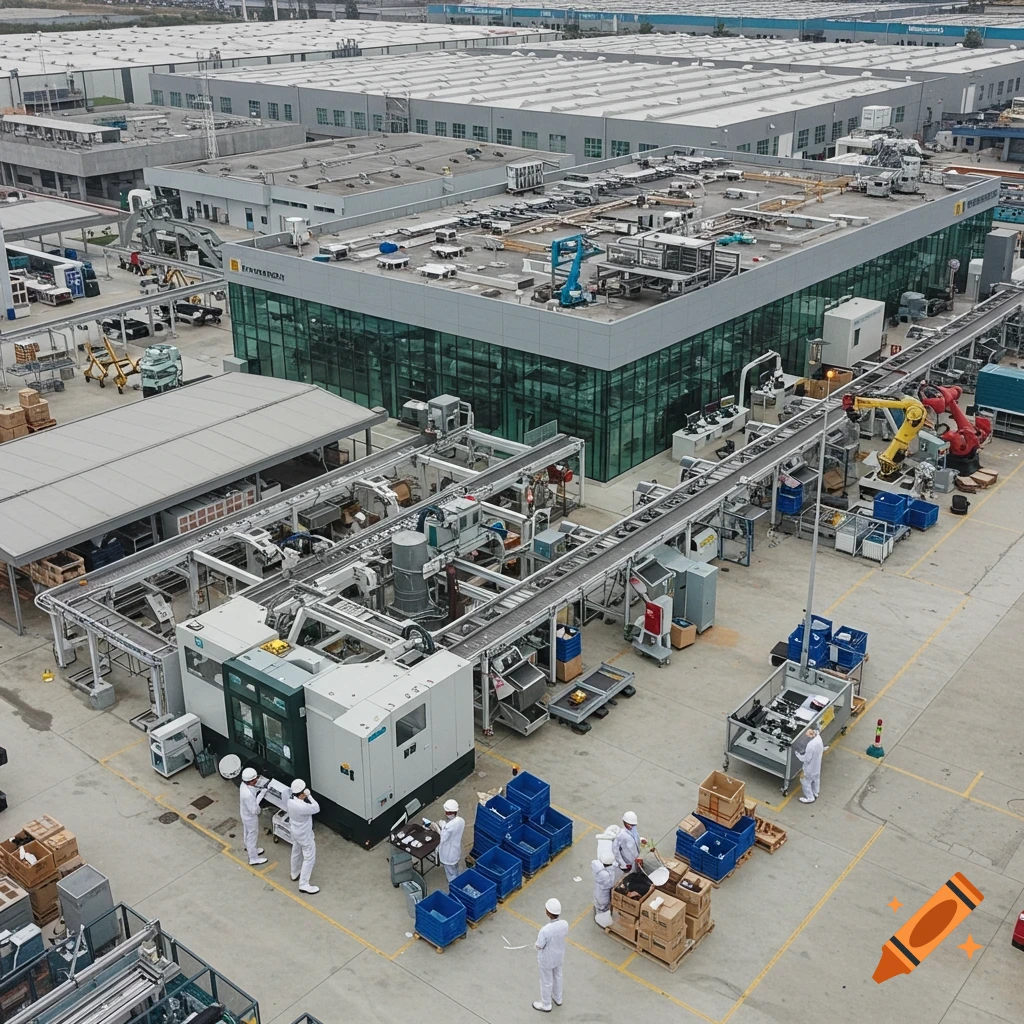 Aerial view of a manufacturing facility with conveyors, robots, machinery, and workers