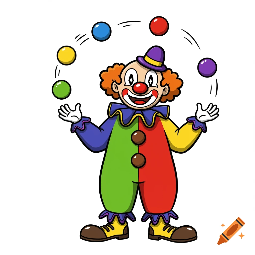 A cartoon clown juggling colorful balls