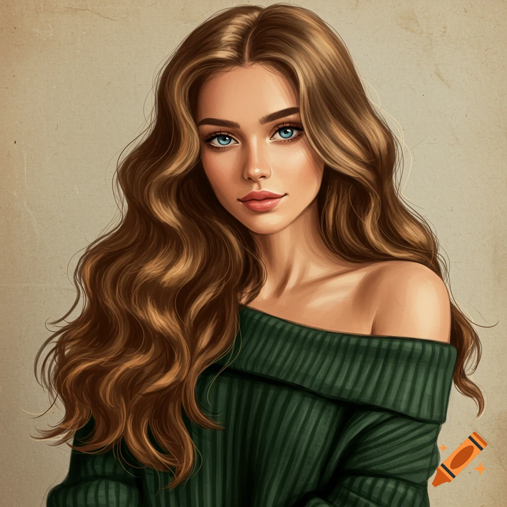 Portrait of a woman with long wavy brown hair and blue eyes in a green off-the-shoulder sweater.
