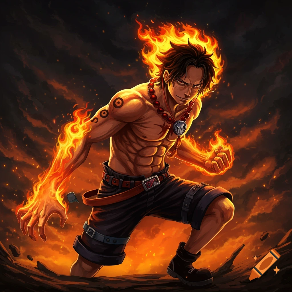 Anime character with flames covering his arms and head, standing in a rocky, fiery landscape.
