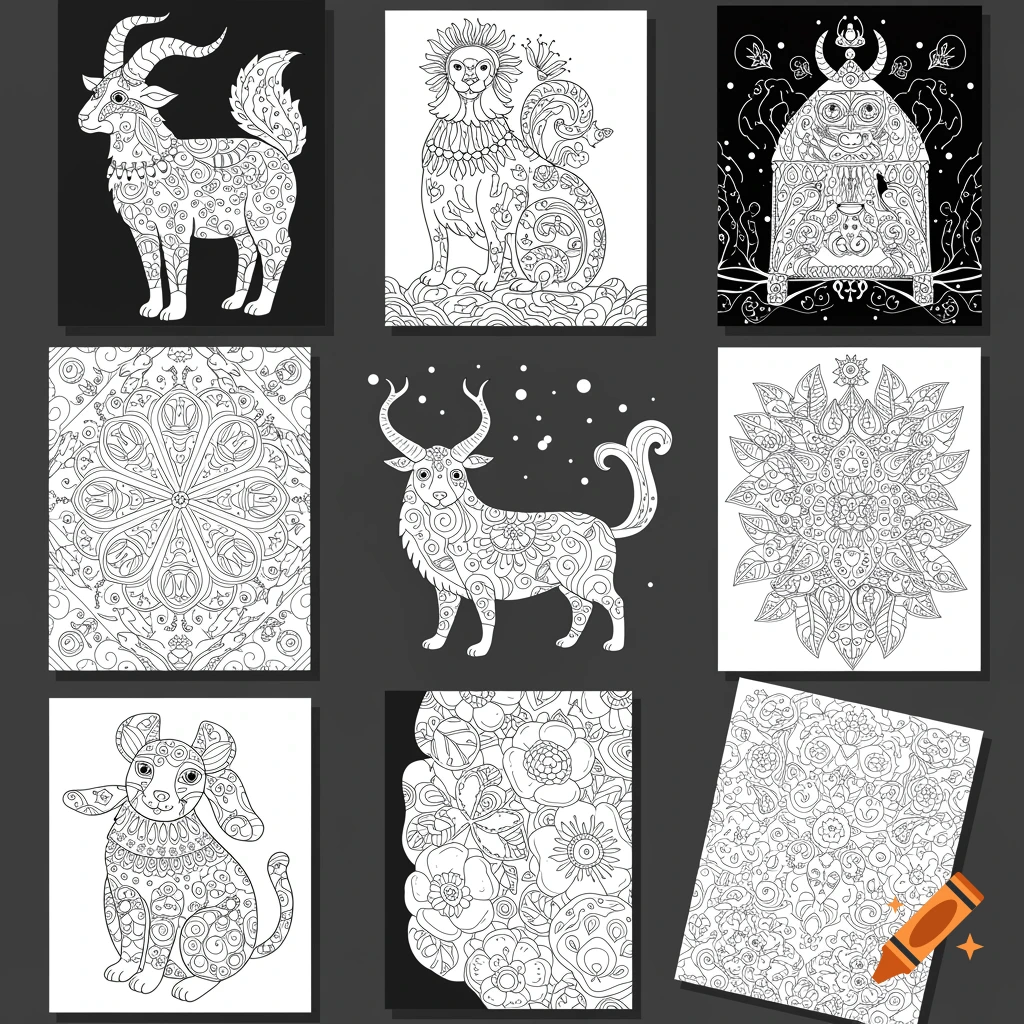 Grid of nine black and white illustrations for coloring, featuring various ornate animals and intricate patterns.
