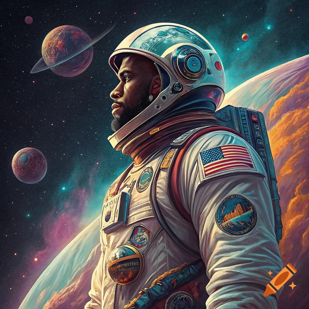 Portrait of a person in an astronaut suit looking sideways, with planets and stars in the background, in a sci-fi art style.