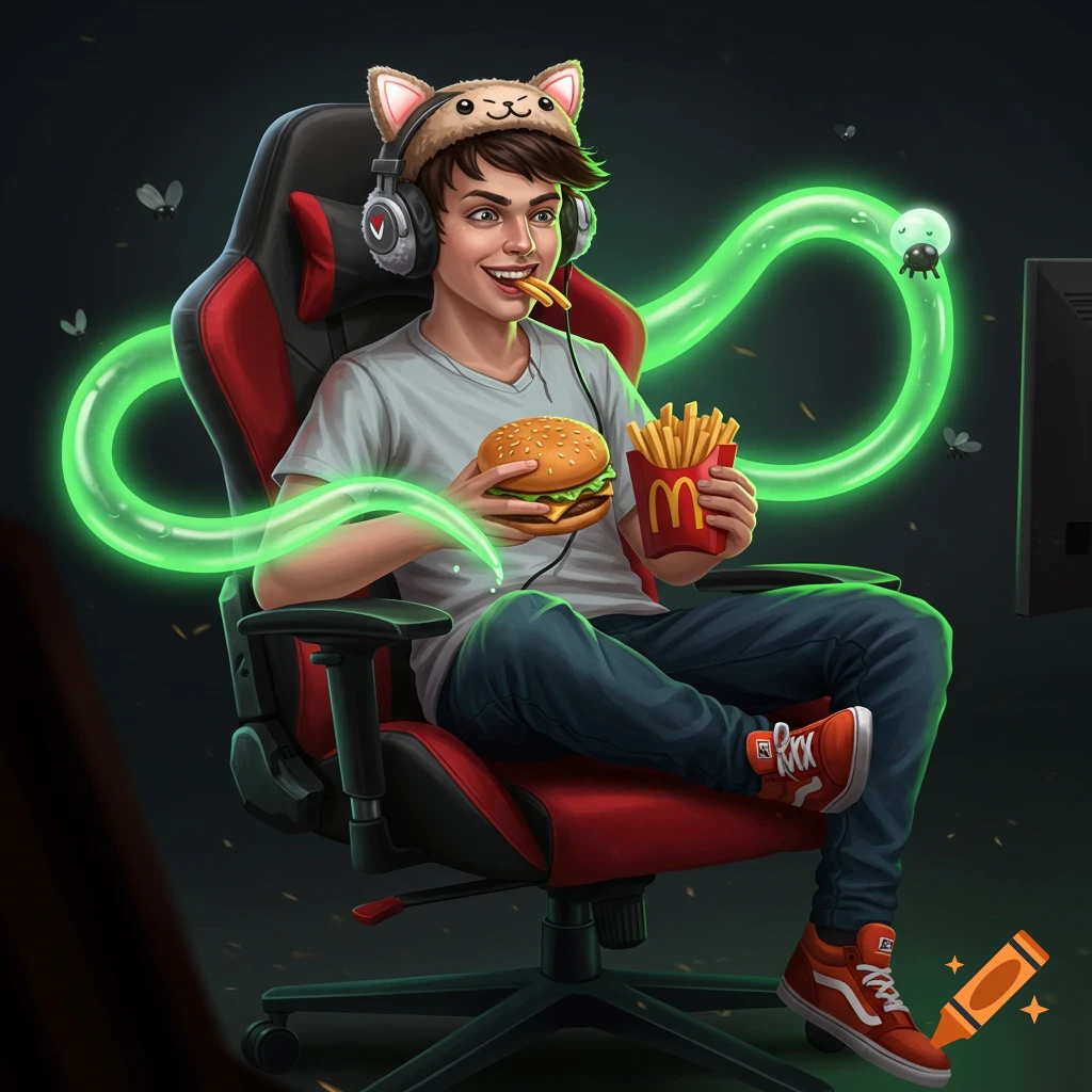 A person sits in a gamer chair eating a burger and fries, wearing cat headphones, with a green aura.