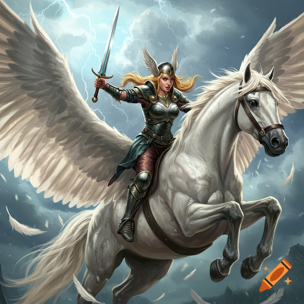 A blond valkyrie in armor holds a sword while riding a white winged pegasus through a stormy sky.