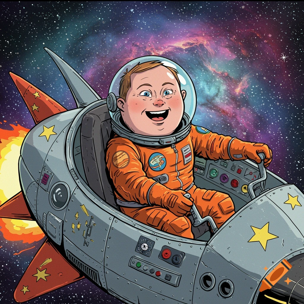 Cartoon astronaut in an orange spacesuit pilots a rocket through space.