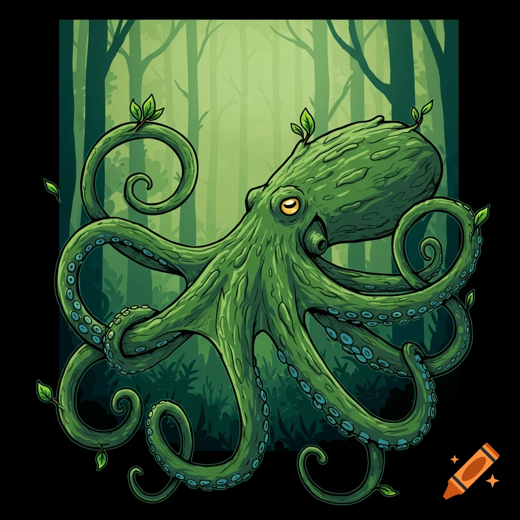 A stylized green octopus in a forest setting.