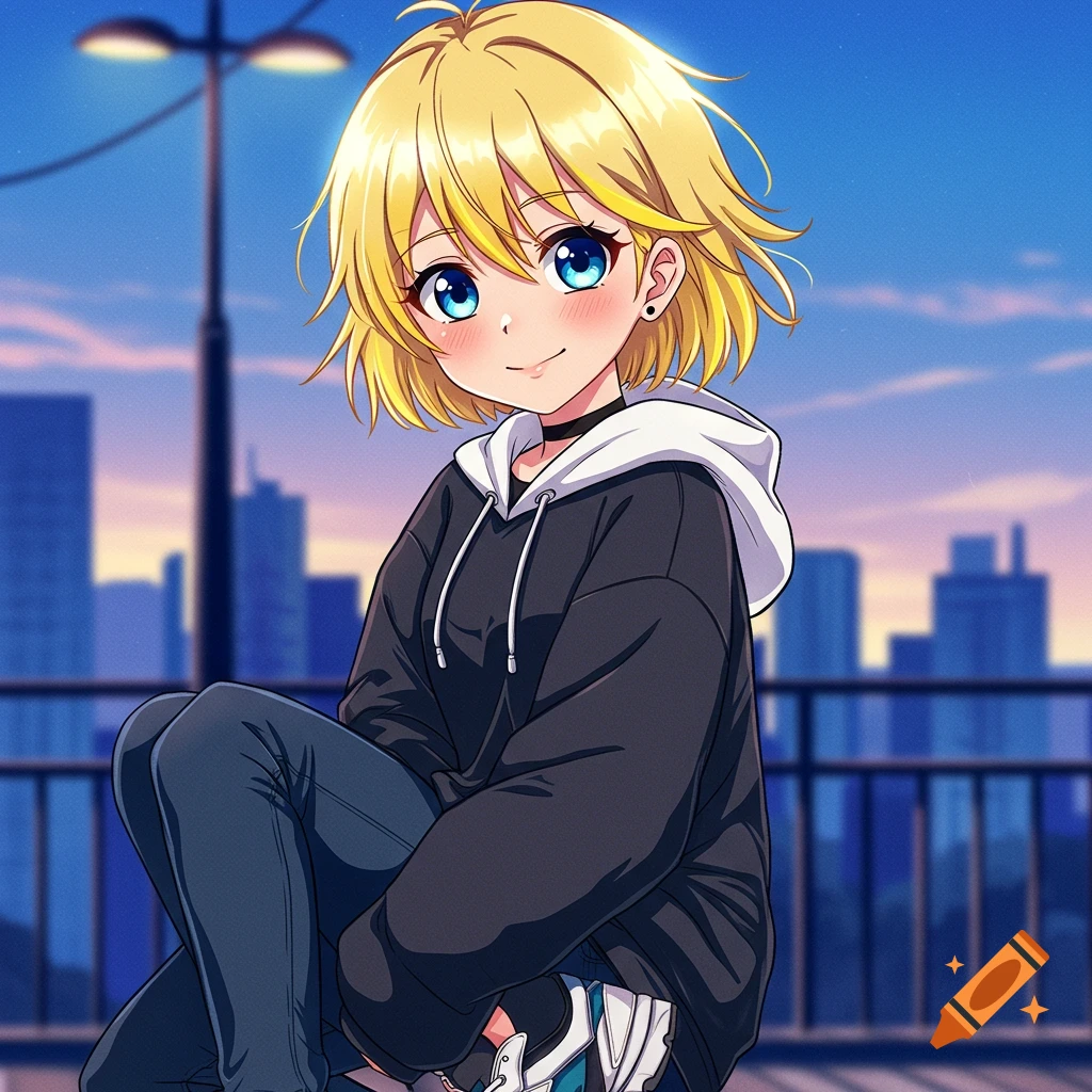 Anime drawing of a blonde character in a black hoodie sitting against a railing with a city skyline behind.