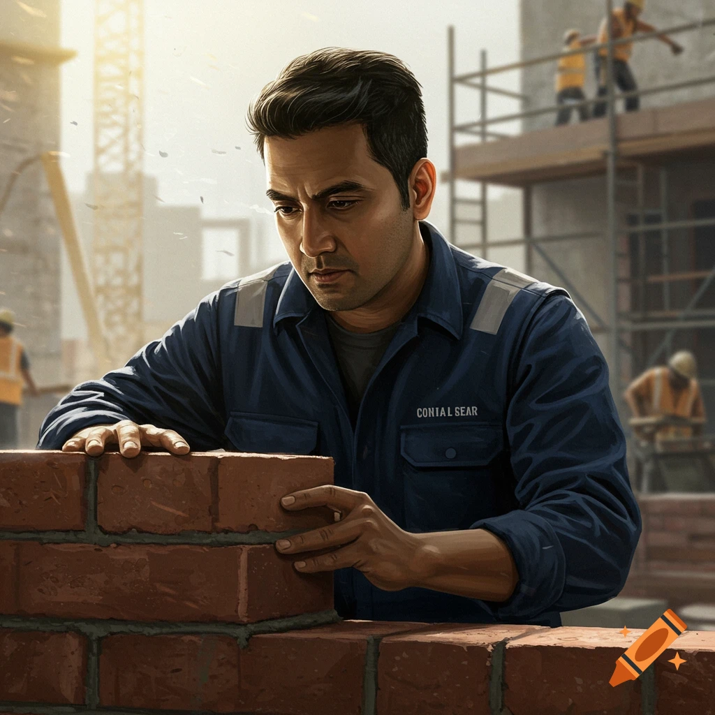 A construction worker focuses intently while laying bricks on a wall, with other workers and scaffolding in the background.