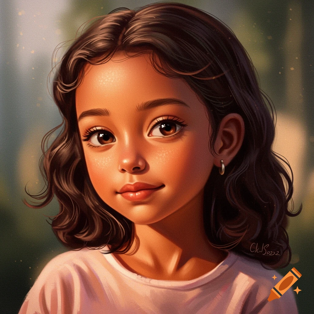 A stylized illustration of a young girl with dark brown hair and brown eyes.