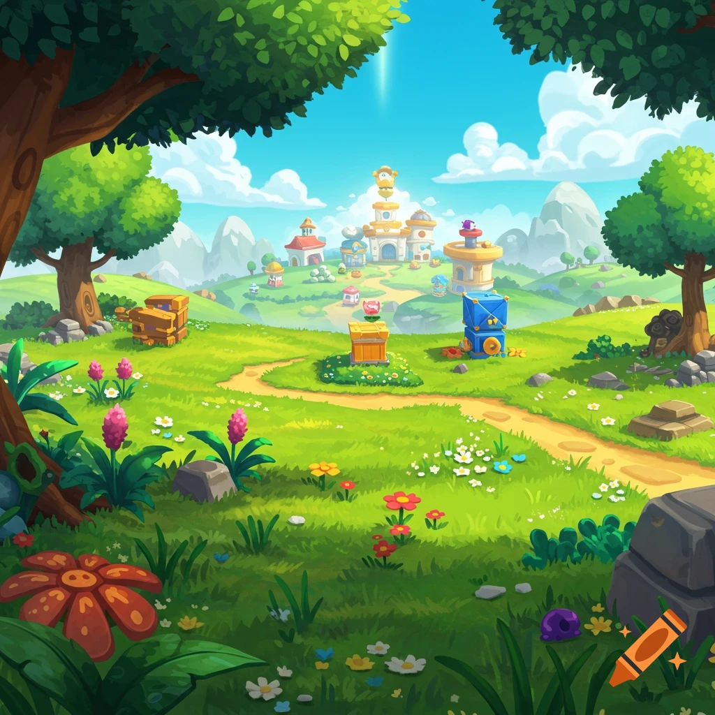 Colorful cartoon landscape with a path, trees, flowers, chests, and buildings in hills under a blue sky.