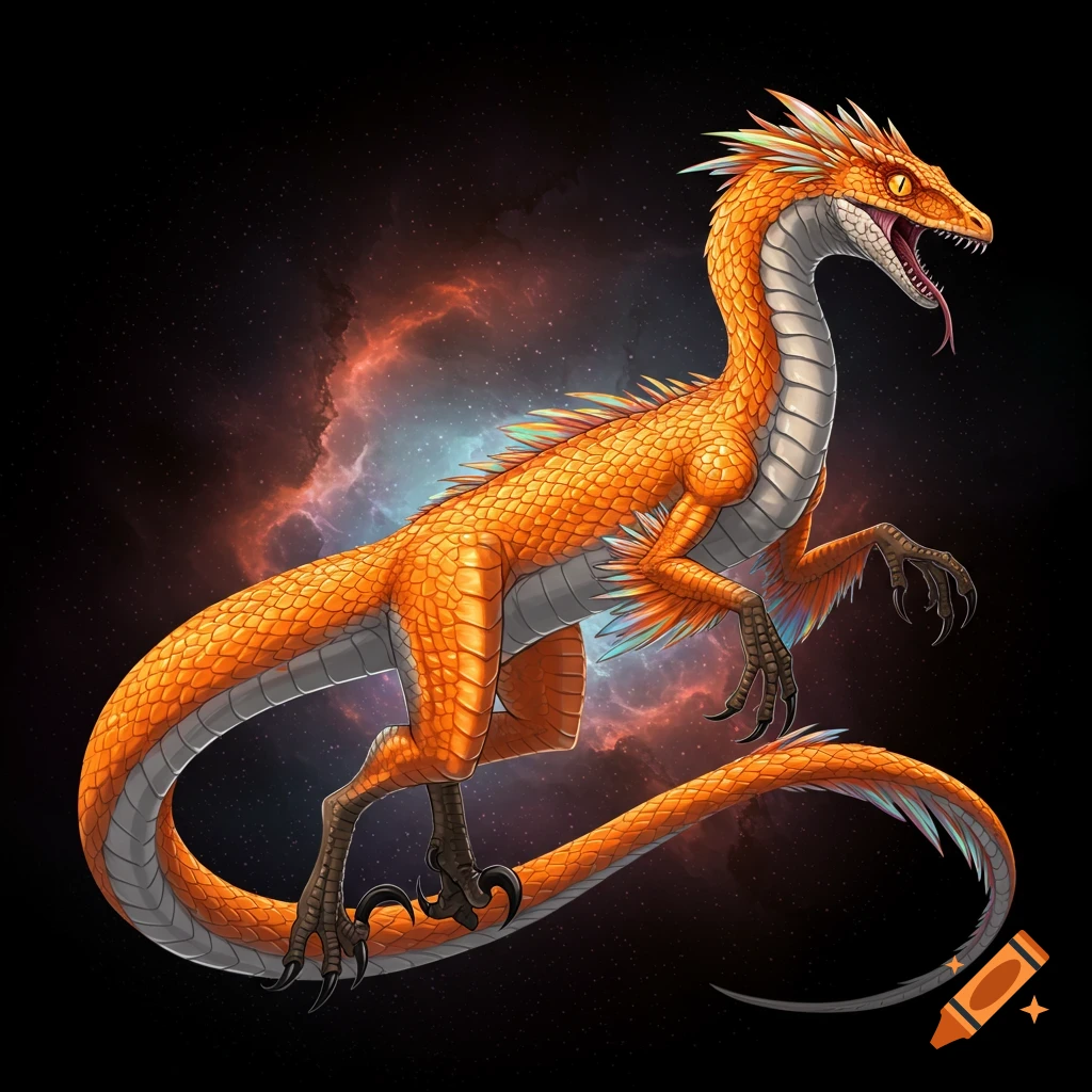 Orange and grey raptor-like creature with feathers and claws against a nebula background.