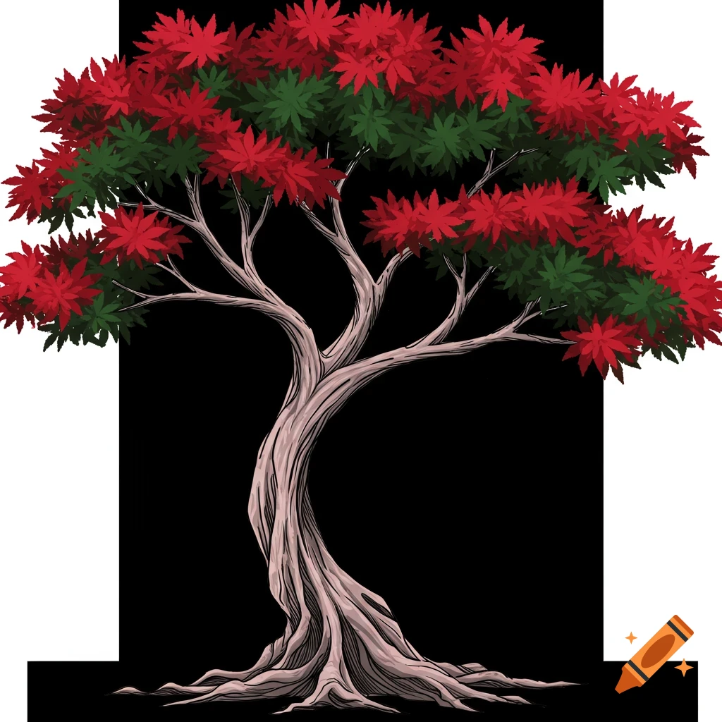 Stylized drawing of a tree with red and green leaves, like a tattoo
