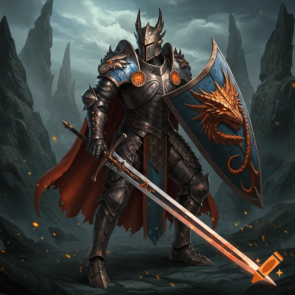 An armored knight with a dragon shield stands in a dark fantasy landscape.
