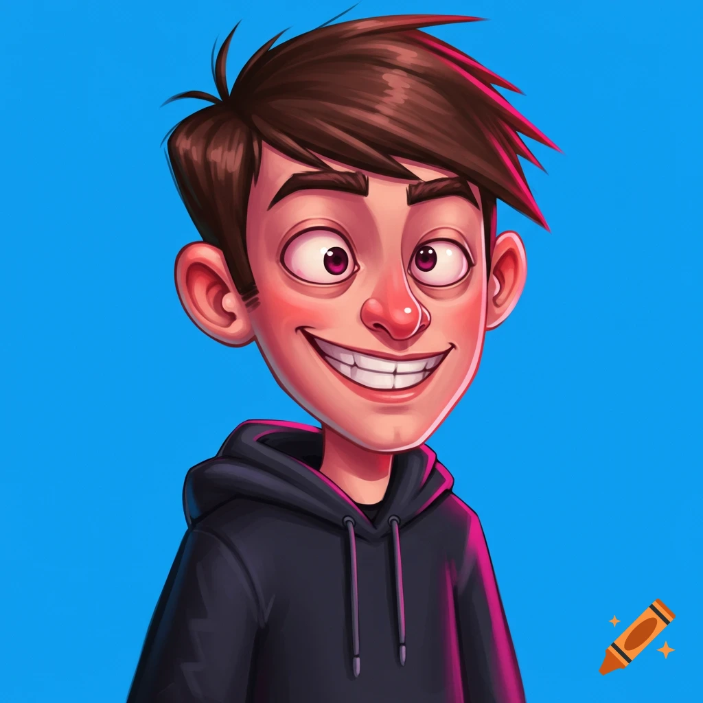 A cartoon portrait of a smiling young man in a black hoodie against a blue background.