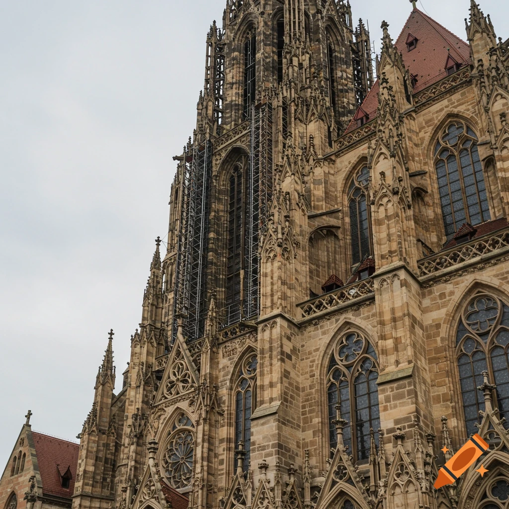 Close-up of a large gothic cathedral tower with ornate stonework, windows, and scaffolding.